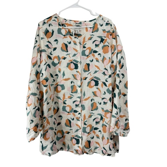 Rachel Zoe Size 2X 100% Linen Floral Tunic Top Button Down Blouse Beach - Picture 1 of 8